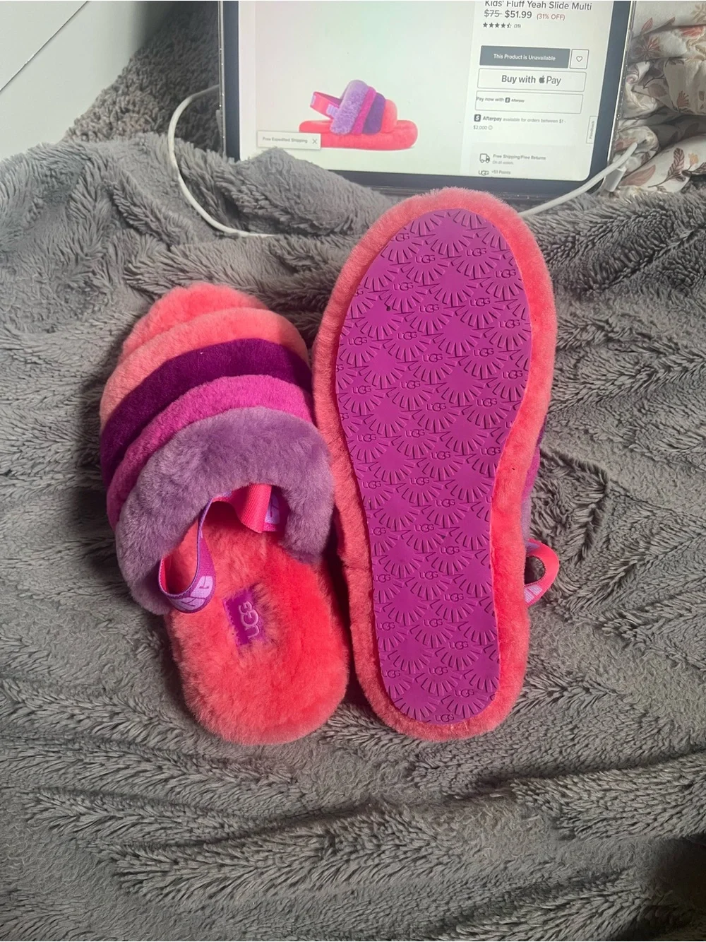 UGG Kids Pink Purple Coral Fluffy Slide Sandals